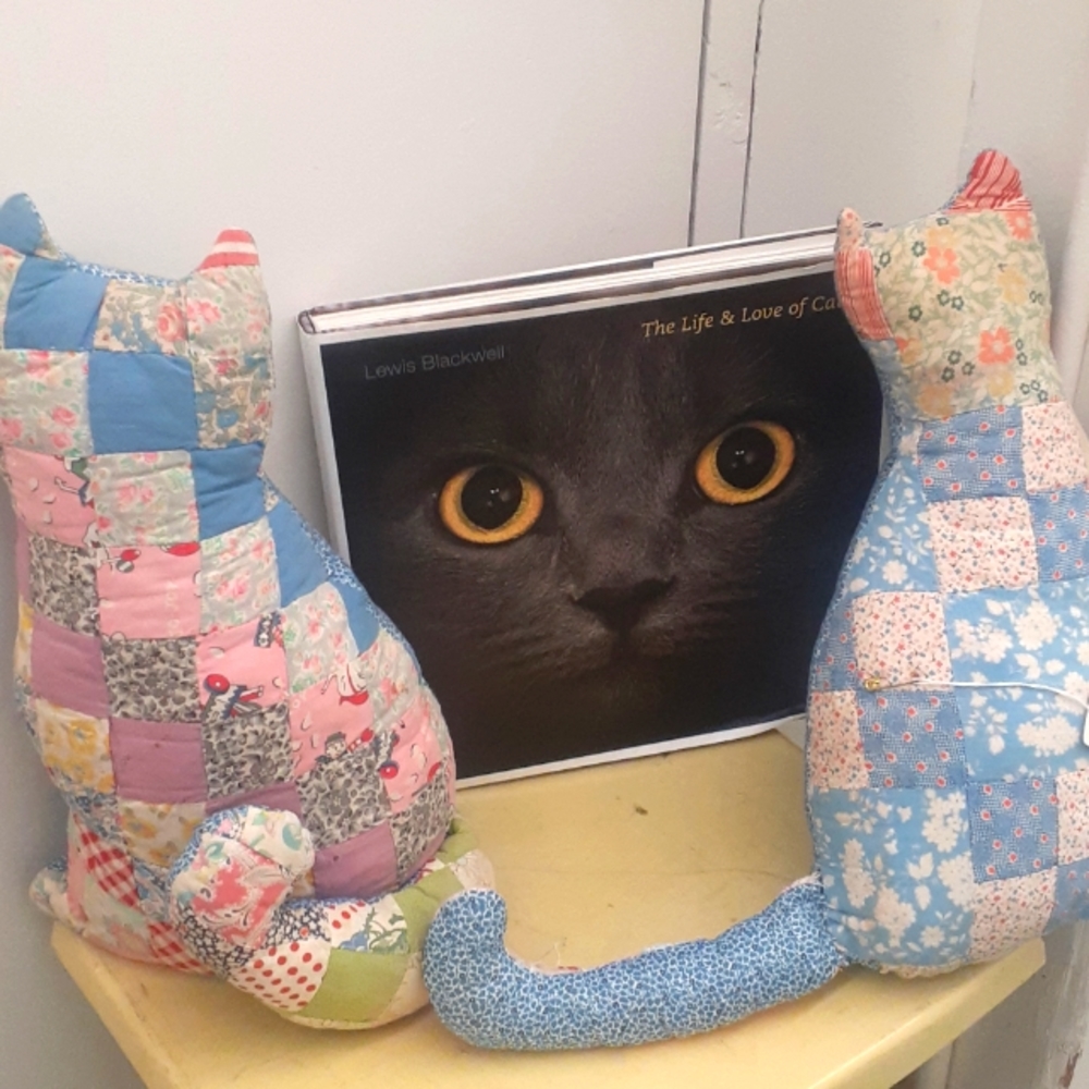 2 Vintage Patchwork Quilt cat pillow lot + Life & Love of Cat Book